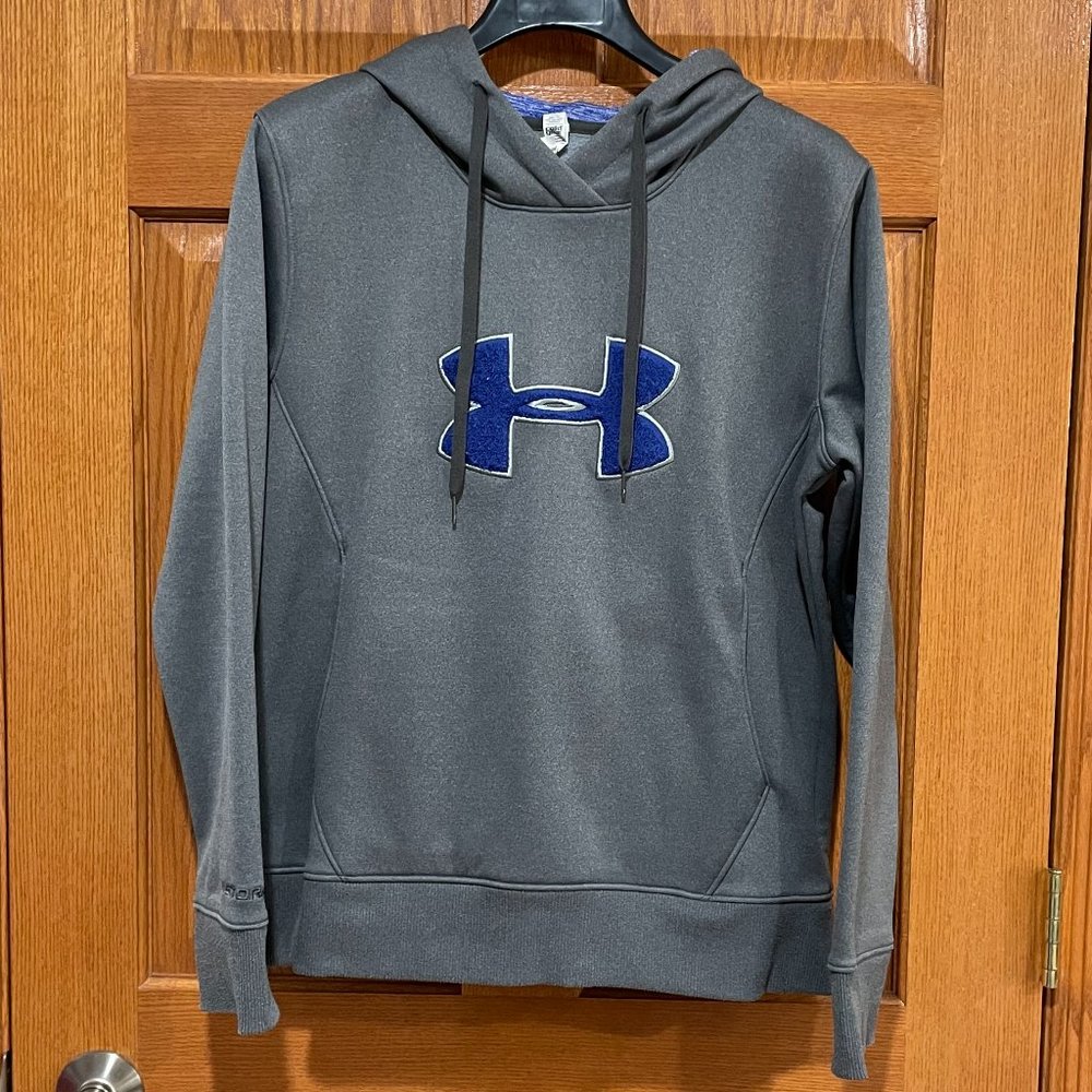 UNDER ARMOUR Women's M Hoodie Sweatshirt Gray Blue Big Logo Applique Cold Gear